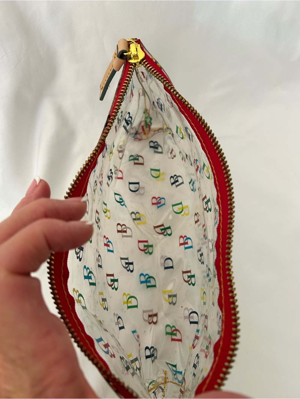 Dooney & Bourke Clear Cosmetic Pouch with Multicolor DB Print and Red Trim - Picture 5 of 7